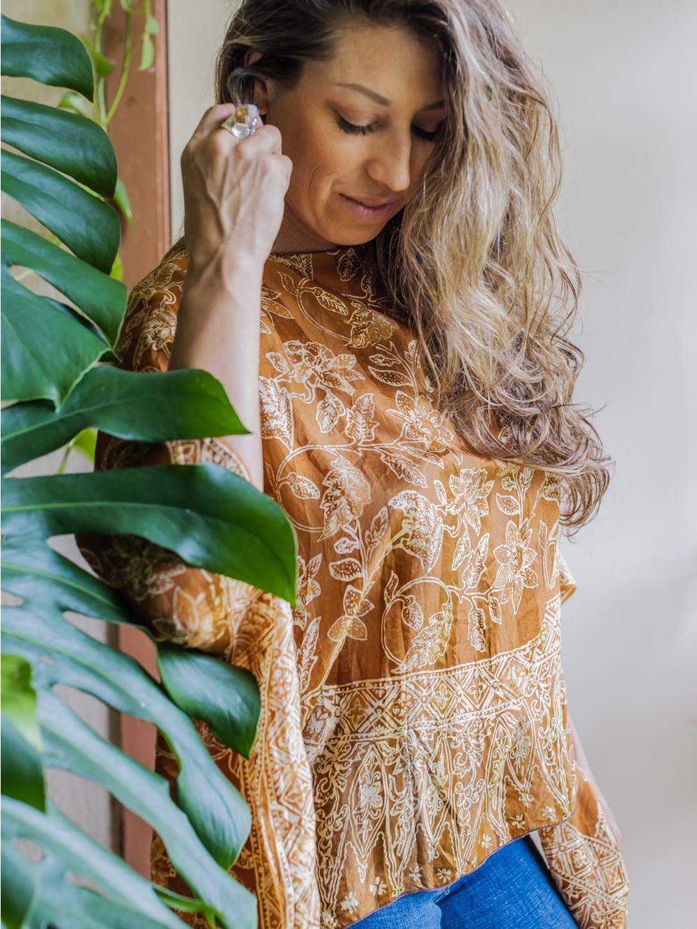 Boho Floral Silk Kimono Top in Mustard